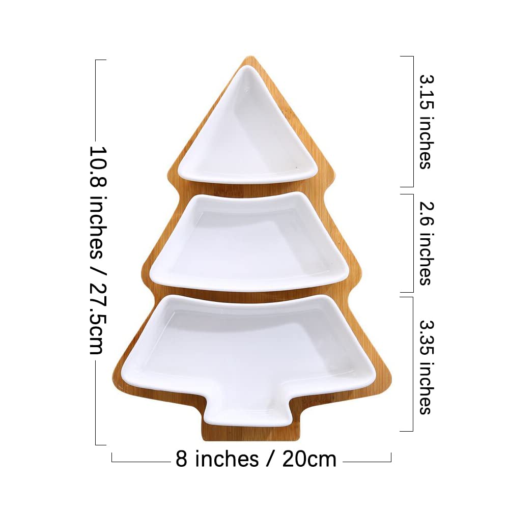 Bamboo Christmas Tree Tray, Ceramic Serving Dishes Set In Christmas Themed Design Serving Bowls for Parties, Perfect for Veggies, Candy and Snacks, White