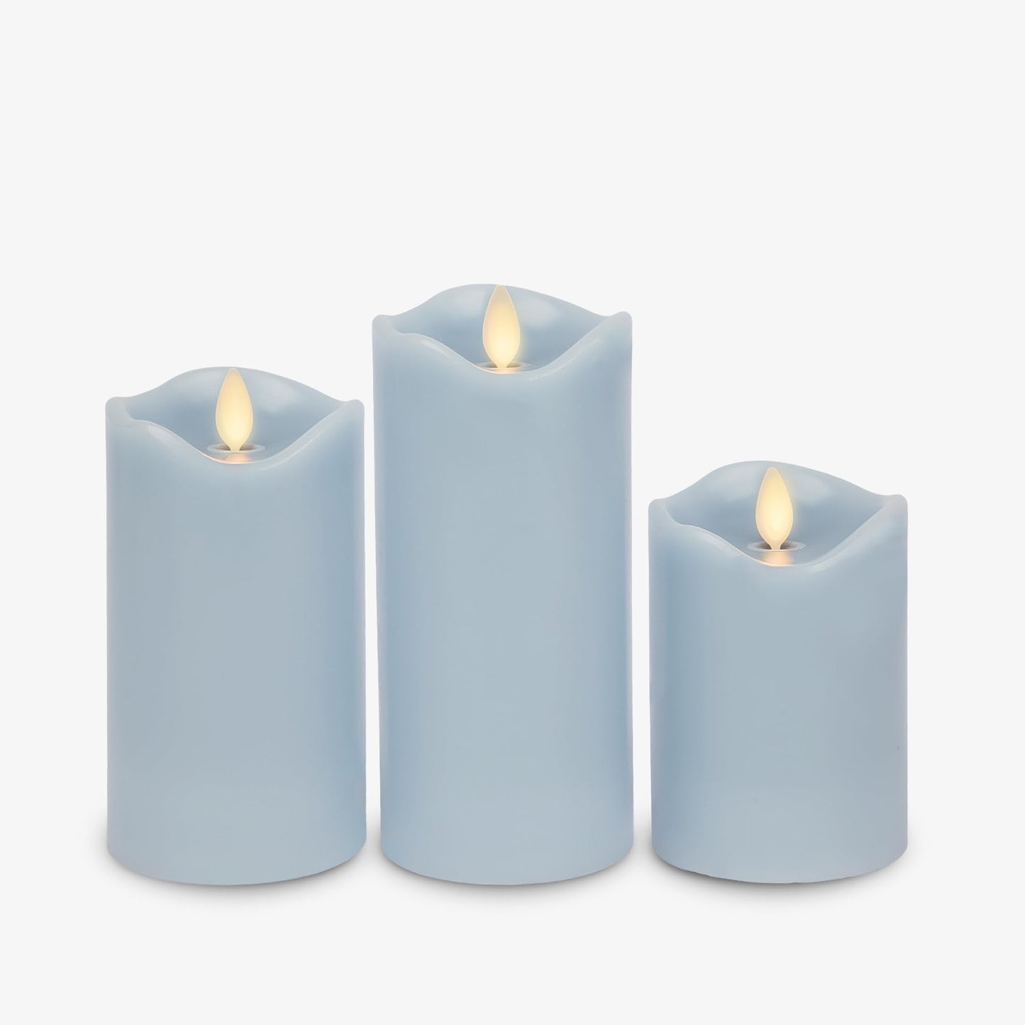 Matchless Candle Co. by Luminara Set of 3 (3" x 4.5",5.5",6.5") Flameless LED Flickering Battery Candle Moving Flame Pillar, Melted Edge, Real Wax Smooth Finish (Pastel Blue)