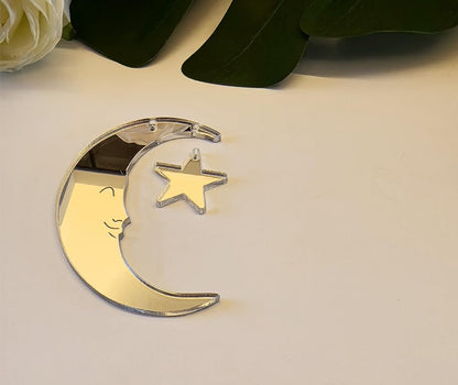 Set of 20 Crescent Moon and Star,Christmas Moon and Star Hanging Ornament for Window &Christmas Tree Decoration (Siver Mirror)