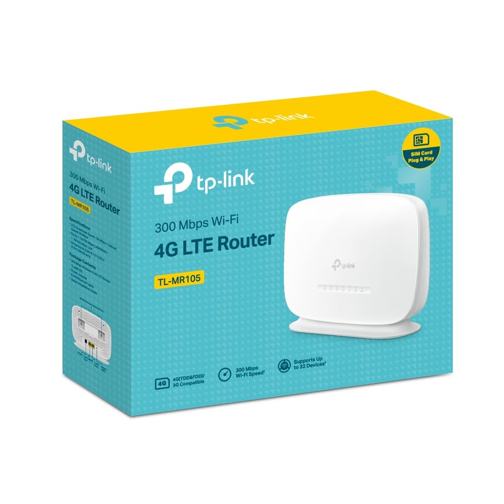 TP-Link TL-MR105 WiFi 4G Router with Free SIM Card, N300Mbps Wireless 4G Cat4 LTE Network, Ethernet Port, Mobile WiFi Router, External Antenna Ports, Plug & Play