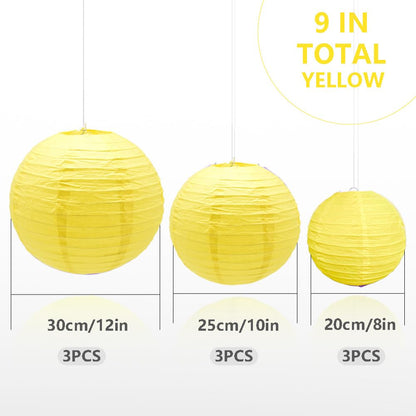 Hocansen 9Pcs Yellow Round Hanging Paper Lanterns 8/10/12in Chinese Lanterns for Birthday Wedding Home Party Wedding Home Decor Decoration(DLZ/Yellow)