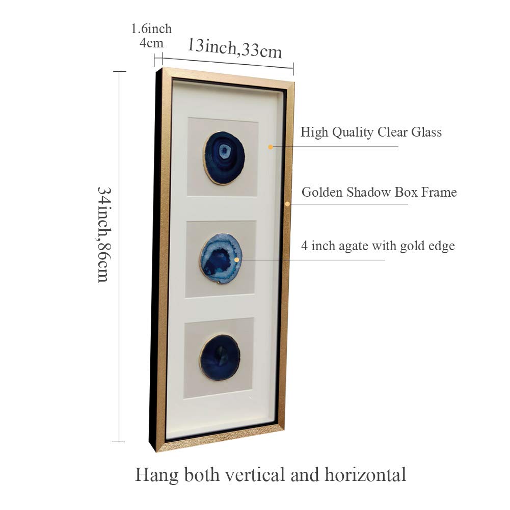 ARTECORS Handmade 15.7"x15.7" Gold Edge Natural Agate Wall Art with Shadow Box Frame Front Glass for Living Room Bedroom Home Decoration (Trio Blue)