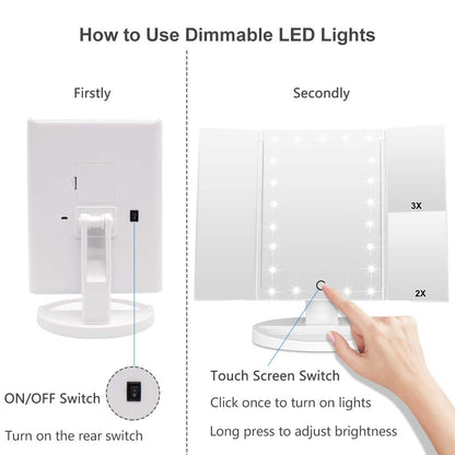 WEILY Makeup Mirror, 1x /2x/3x Trifold Makeup Mirror with 21 LED Lights and Adjustable Touch Screen Mirrors Cosmetic Countertop Mirrors (White)