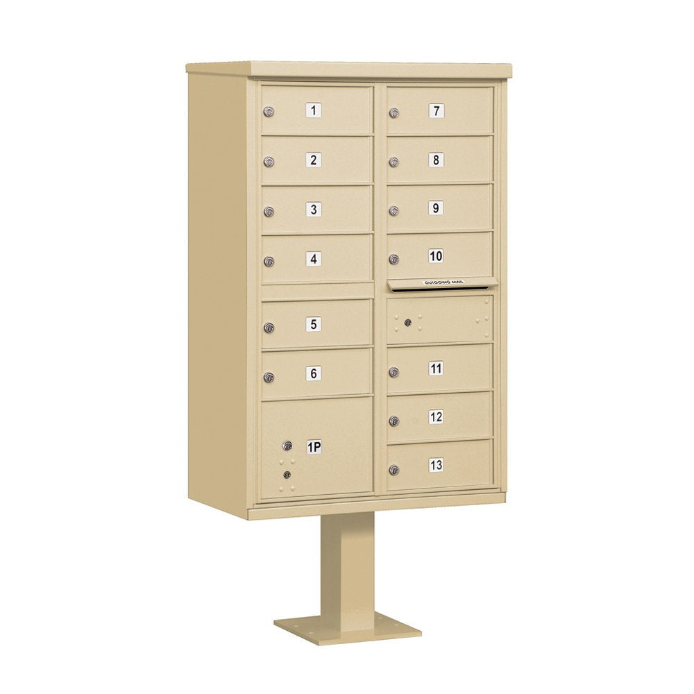 Cluster Box Unit with 13 Doors and 1 Parcel Locker in Sandstone – Type IV, for use with The USPS Lock