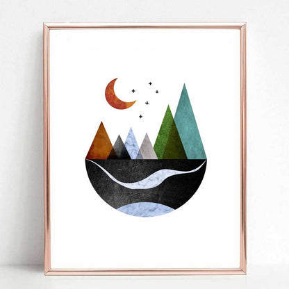 Scandinavian Mountain Wall Art Set of 2, Nordic Geometric Landscape Prints, Minimalist Abstract Poster for Living Room Bedroom Office Decor, Boho Scandi Wall Decor, Unframed 11x14 Inch