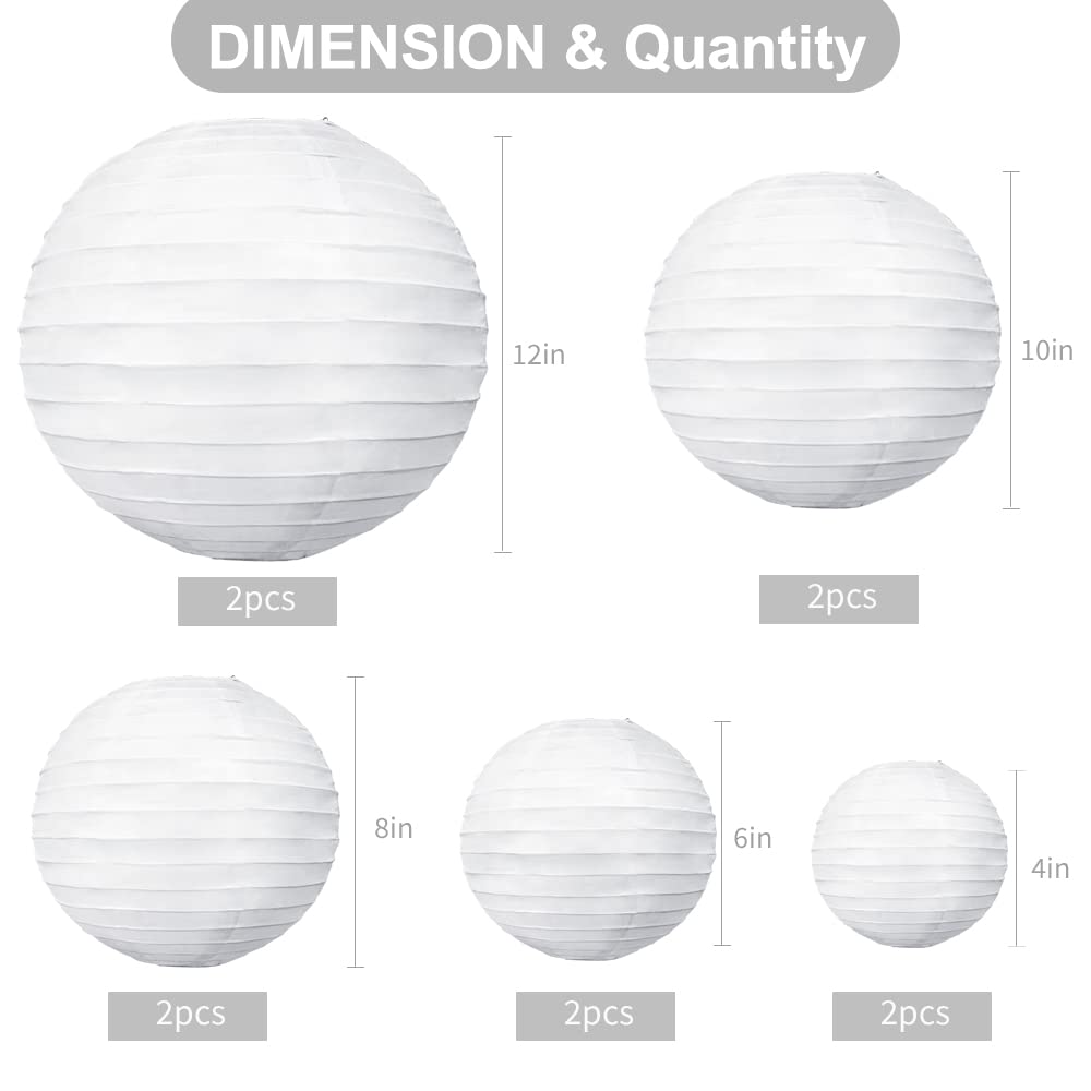BEISHIDA 10Pcs White Paper Lanterns Decorative Chinese/Japanese Hanging Round Paper Lanterns Lamp for Birthday, Wedding, Christmas, Bridal, Home Decor, Party Decoration(Size of 4”, 6”, 8”, 10”)