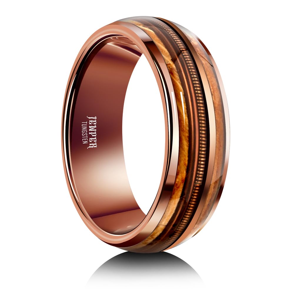 JEWPER 8mm Men Womens Wedding Band Tungsten Rings Brown Fashion Promise Carbide Inlaid Guitar Strings Whiskey Barrel Wood Matte Finish Edge Comfort Fit size 7-12(12)