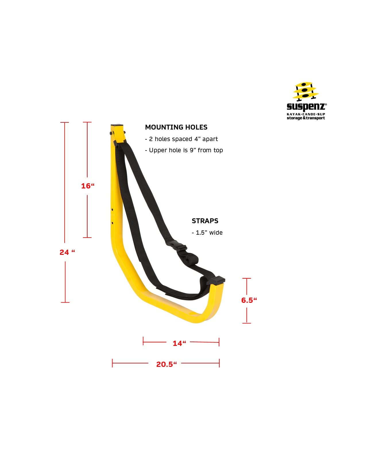 Suspenz Kayak Canoe SUP Storage Hanger for Garage Wall, Indoor Outdoor, Jay Rack Hook, Holds up to 125 lbs, Yellow, (11-0001)