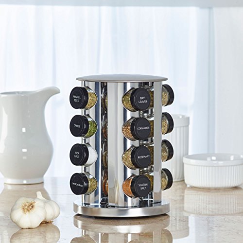 Kamenstein 20 Jar Revolving Countertop Spice Rack with Spices Included, FREE Spice Refills for 5 Years, Polished Stainless Steel with Black Caps, 30020