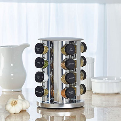 Kamenstein 20 Jar Revolving Countertop Spice Rack with Spices Included, FREE Spice Refills for 5 Years, Polished Stainless Steel with Black Caps, 30020