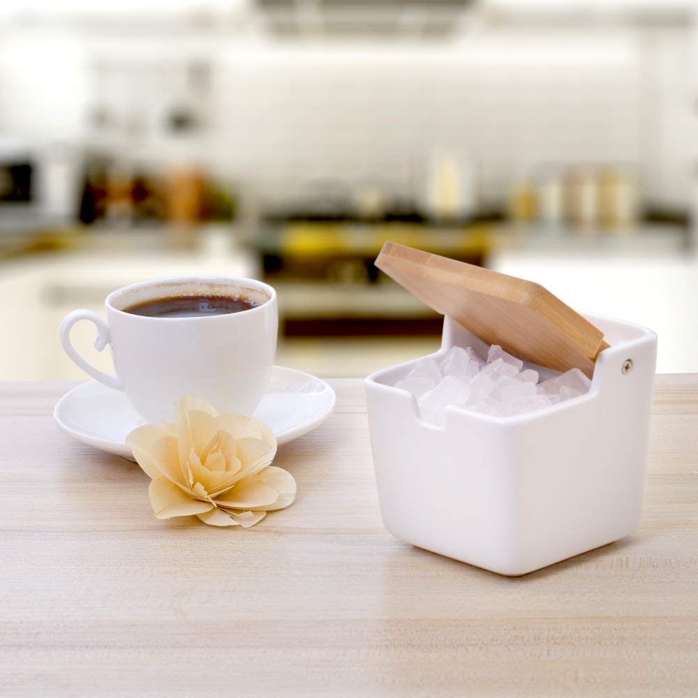 Lucky Goddness Ceramic Sugar Bowl Salt Box with Spoon and Bamboo Flip Top Lid, 9 fl oz Pepper Container Flour Box Holder Earthenware Bowl White for Housewarming Gift