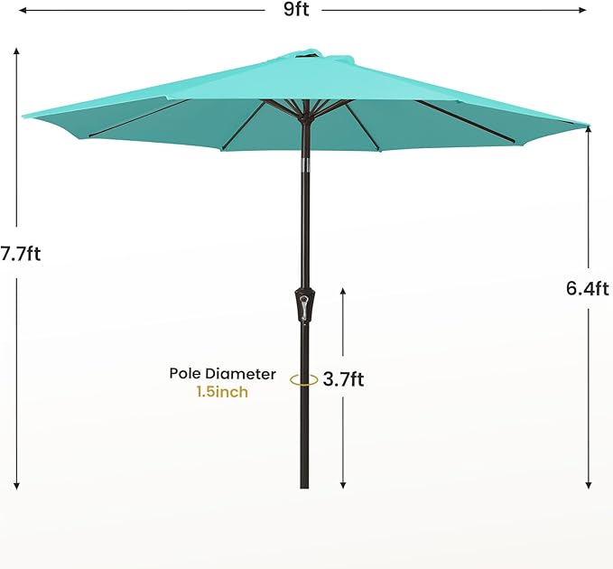 MEWAY 9ft Patio Umbrella Outdoor Table Umbrellas with Push Button Tilt and Crank, Market Umbrella 8 Sturdy Ribs for Deck, Garden, Pool and Backyard, Turquoise