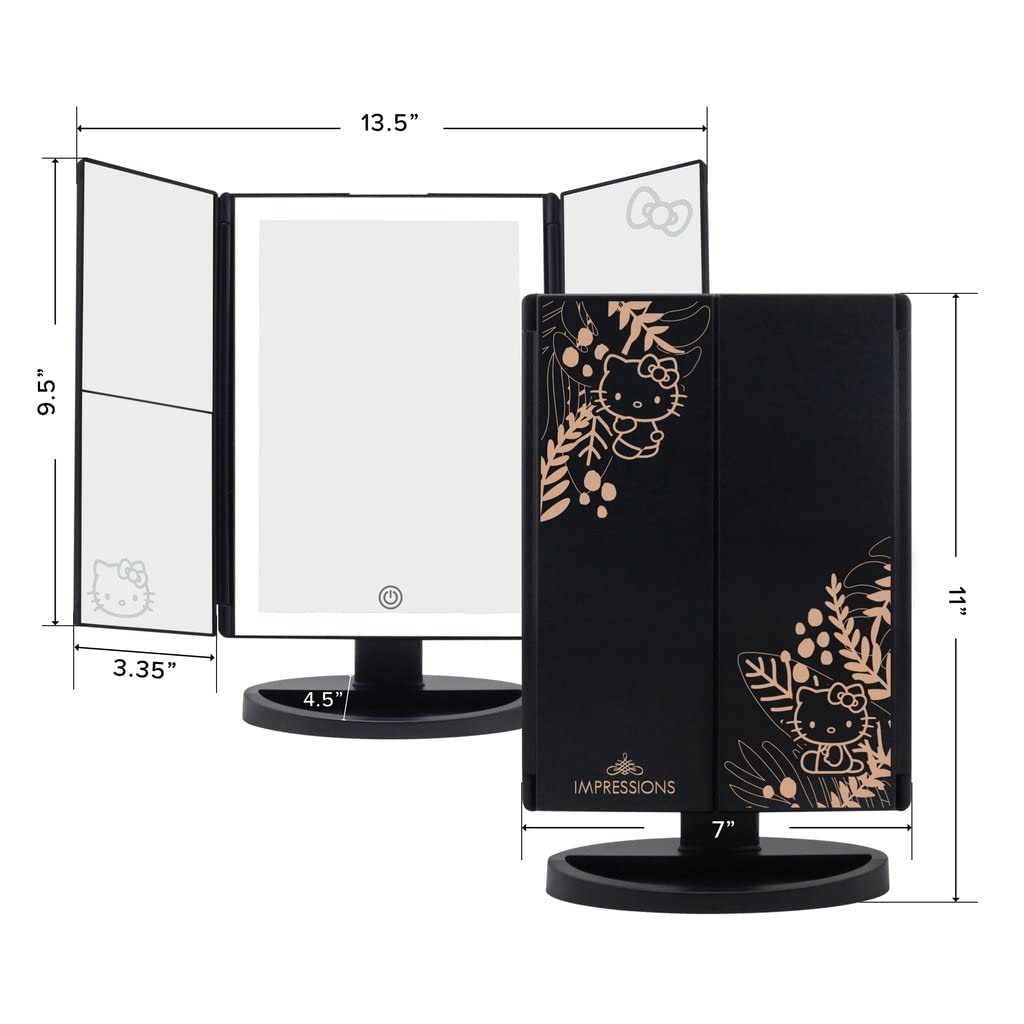 Impressions Vanity Hello Kitty Trifold LED Mirror, Desk Mirror with Lights and Touch Sensor Switch, Lighted Makeup Mirror with 2X and 3X Magnifying (White)
