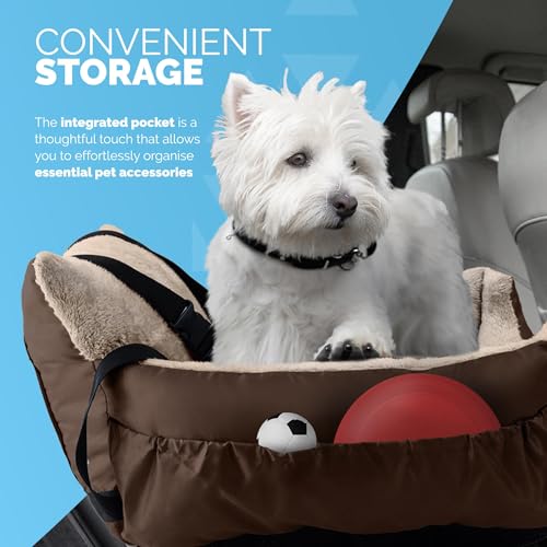 Furdreams Dog Car Seat (Brown/Beige - 20kg), Plush & Cosy Pet Car Booster Seat for Small Dogs & Cats with Storage Pocket, Car Dog Bed with Safety Leash, Waterproof Liner & Non-Slip Base,Dog Travel Bed