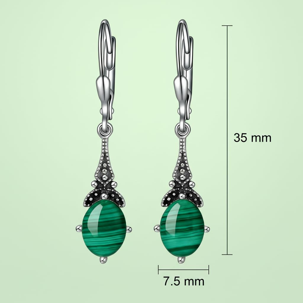 Natural Green Malachite Earrings 925 Sterling Silver Vintage Retro Leverback Dangle Drop Earrings Birthday Jewelry Gifts for Women