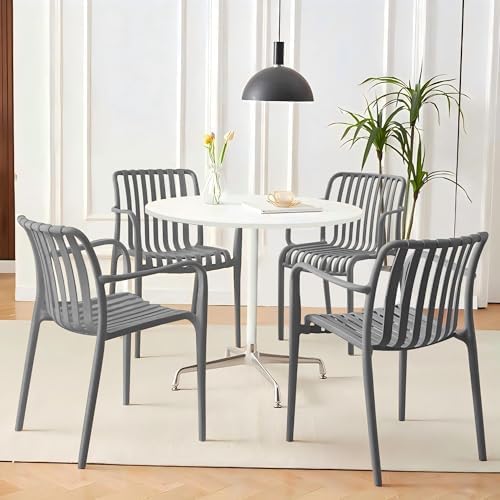 Patio Dining Chairs Set of 4, All-Weather Outdoor and Indoor Stackable Chairs with Curved Back, Waterproof for Patio, Deck, Porch, Backyard, Restaurant & Cafe Use, Grey