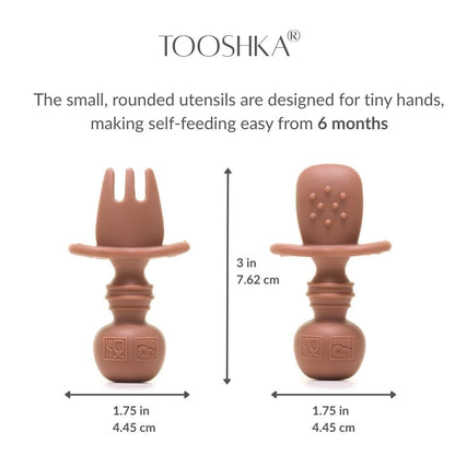 Tooshka® Baby Utensil Set (6 pcs) - Self Feeding Spoons - Silicone & BPA Free - Baby-Led Weaning (BLW) Supplies - Ages 6+ Months - Set of 6 - Brown, Green, & Yellow