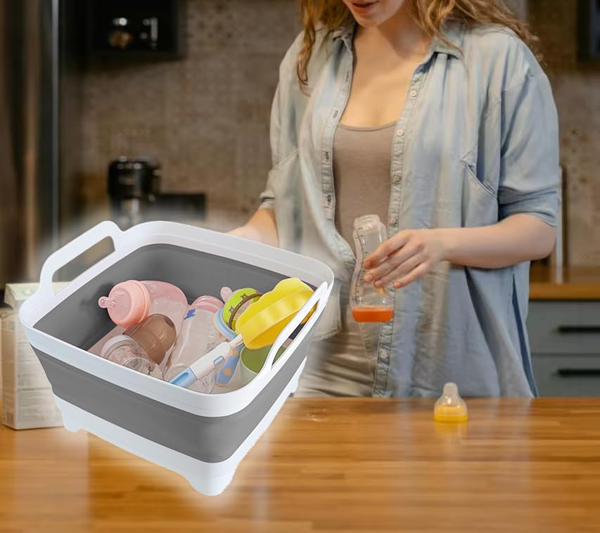 GIMWA Collapsible Wash Basin for Baby Bottles - 2.4 Gallons Portable Wash Bin for RV Camping Sink, Space-Saving Dish Tub (Gray)