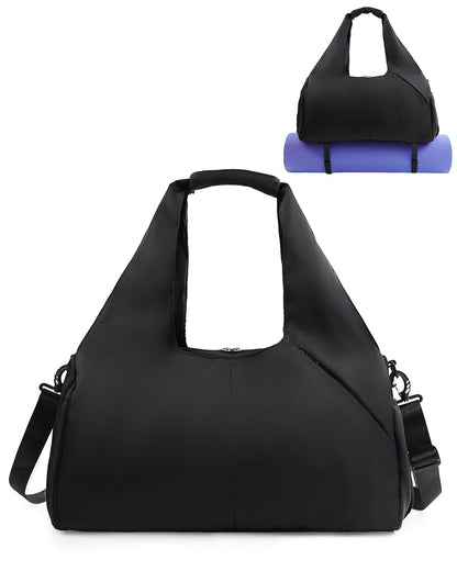 RHDZO Gym Bag for Women with Shoe Compartment Yoga Mat Bag with Wet Pocket and Water Bottle Holder Weekender Bag with Shoulder Strap, Black (Standard Bottle Fit)