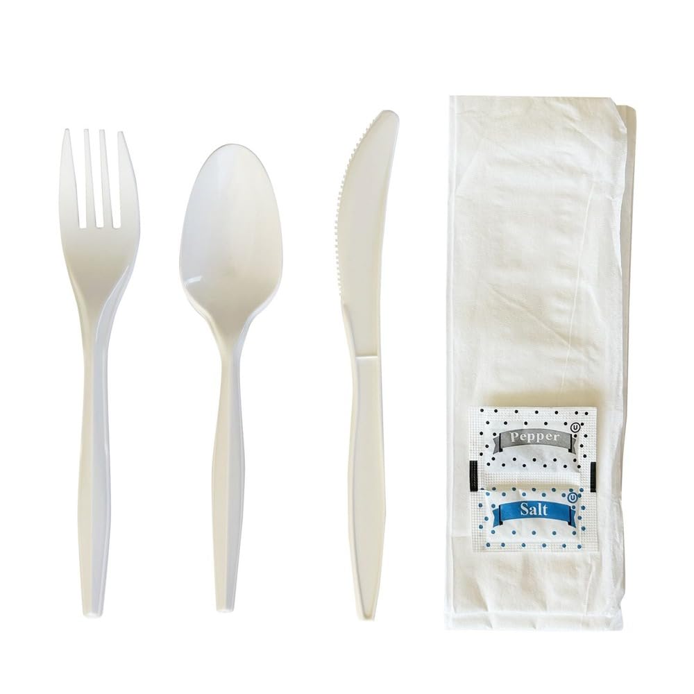 Boardwalk Three-Piece Disposable Cutlery Kit, 250 Count, Fork/Knife/Spoon/Napkin, Salt & Pepper, Medium Weight, Plastic, White, Individually Wrapped