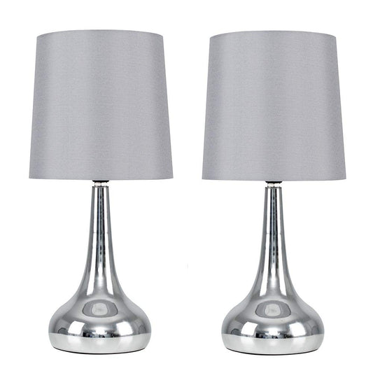 MiniSun | Modern Chrome Teardrop Touch Table Lamps with Grey Fabric Shades | Table Lamps, Home Décor & Improvement Essential | Set of 2 | Includes 5W LED Bulbs [3000K Warm White]