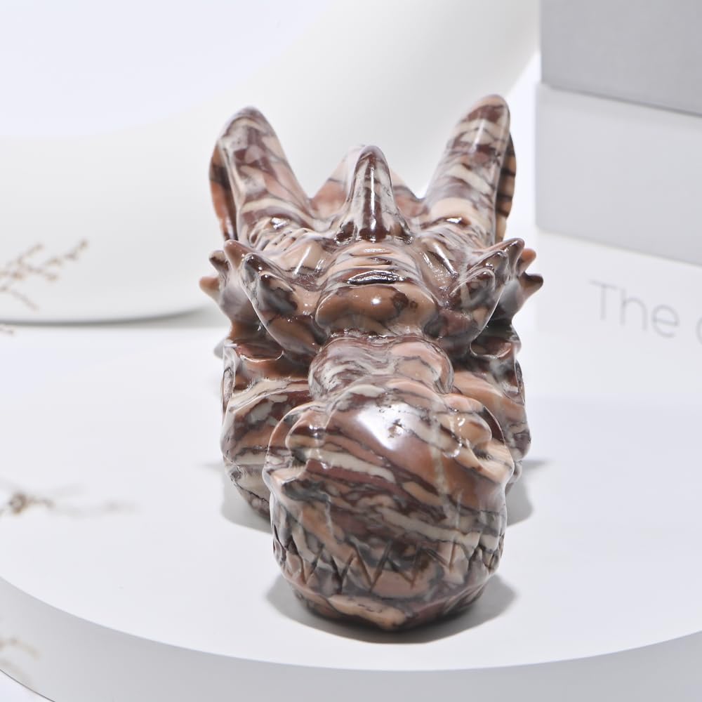 Bmuafry 6''Natural Dragon Head Crystal Skull Head Hand Carved Reiki Healing Stone Statue Healing Home Office Art Room Decoration (Chocolate Stone, 6inch)