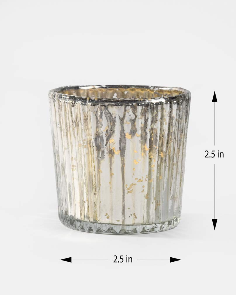 Serene Spaces Living Small Silver Ribbed Votive Candle Holders, Mercury Glass Finish, Ideal for Weddings, Events, 2.5" Tall & 2.5" Diameter, Pack of 6