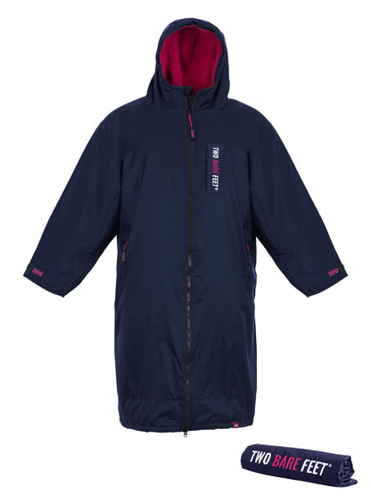 Two Bare Feet Waterproof Long Sleeve Changing Robe with Hood & Changing Mat, Sherpa Fleece Lining, Windproof, Warm, for Watersports, Swimming, Surfing, SUP (Small, Navy/Raspberry)