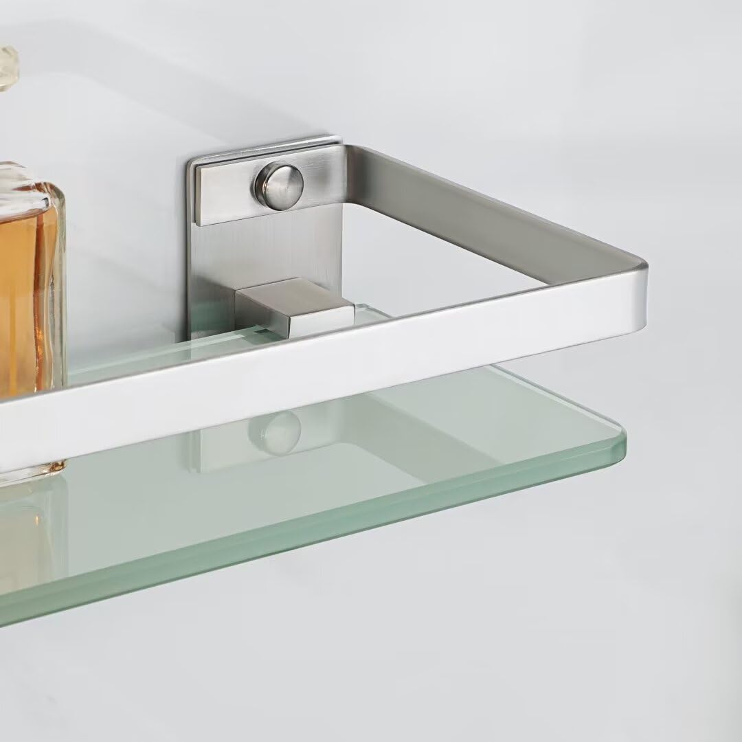 SAYAYO Bathroom Shelf Tempered Glass Shelf Wall Mounted, Brushed Shower Storage with SUS304 Stainless Steel Rail, 38CM Length, EGDL1001-LS