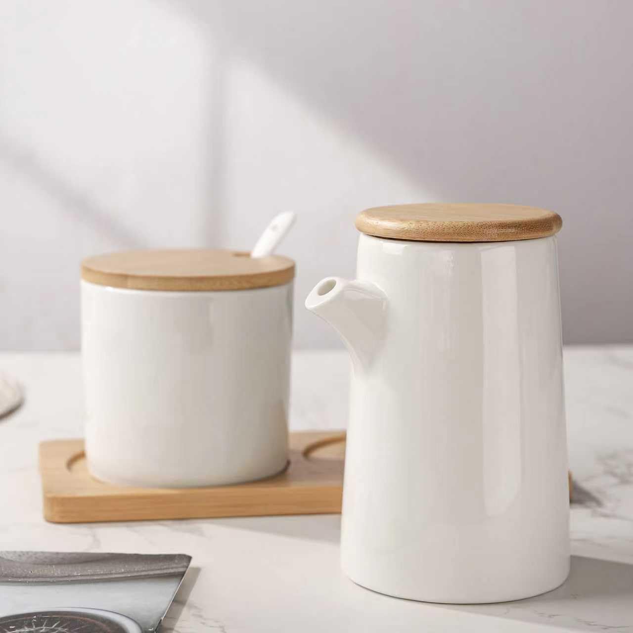 Ceramic Sugar and Creamer Set, 8oz Cream Bottle and Sugar Jars with Wooden Tray for Home Kitchen Coffee Bar