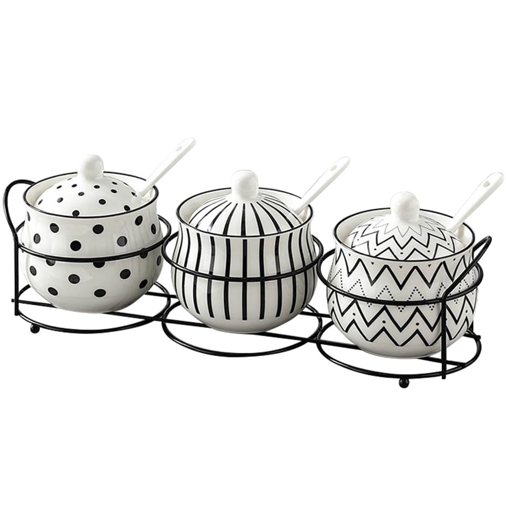 Ceramic Spice Jars Porcelain Condiment Jars Set with Spoon and Lid Condiment Pots for Salt, Sugar, Pepper Seasonings Set of 3 (Black Tabletop Rack)