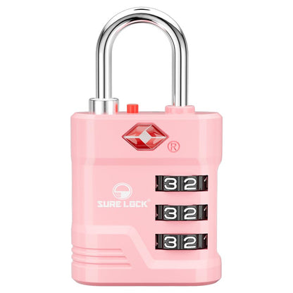SURE LOCK TSA Approved Luggage Lock – 3-Digit Resettable Combination Padlock with Open Alert Red Dot, Large Easy-Read Dials for Suitcases, Backpacks, Gym & School Lockers(Pink 1 pk)
