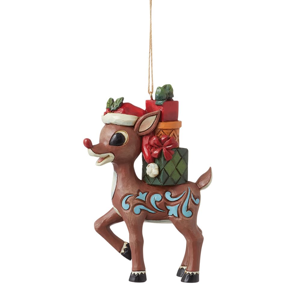 Enesco Rudolph Traditions by Jim Shore Carrying a Stack of Presents Hanging Ornament, 4.13 Inch, Multicolor