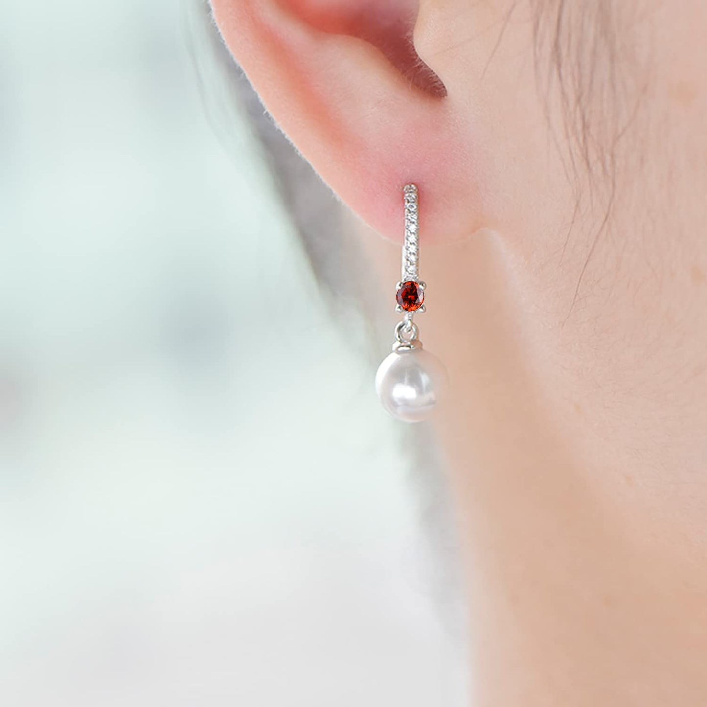 JO WISDOM Pearl Earrings,925 Sterling Silver 8mm Pearl Leverback Drop Earrings with 3A CZ January Birthstone Garnet Color,Jewelry for Women