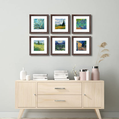 DEKWINN 8x8 Walnut Picture Frame Set of 6 with Real Glass for Pictures 5x5 with Mat or 8x8 Without Mat, Wall or Tabletop Gallery Photo Frames
