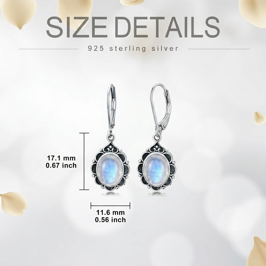 Moonstone Drop Earrings for Women 925 Sterling Silver Vintage Oval 9x7mm Filigree Leverback Dangle Earrings, Gothic Victorian Antique Jewelry Gifts