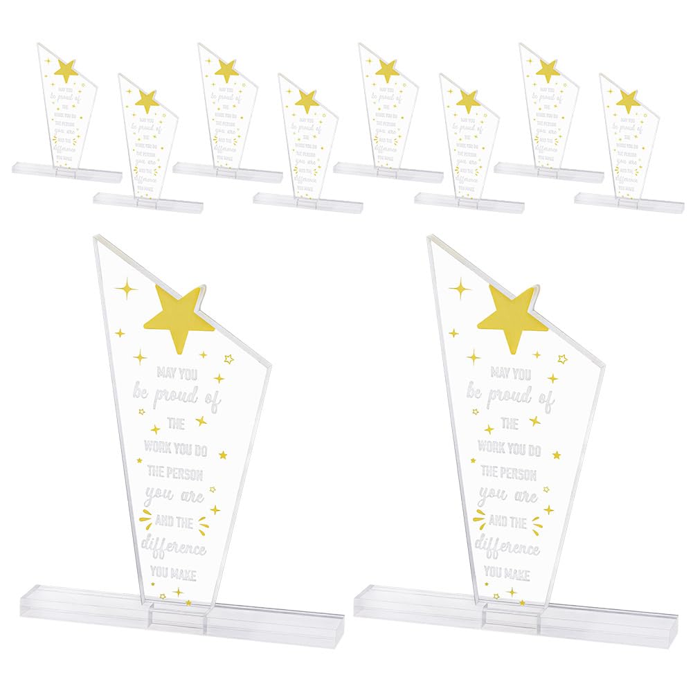 CUTHOLLOW Bulk 10 Sets Acrylic Recognition Desk Block 5.51x6.42 Inch/14x16.3 cm Clear Self Standing Trophy Lightweight Crystal Look Employee Appreciation Award for Coffee Station Display, Transparency