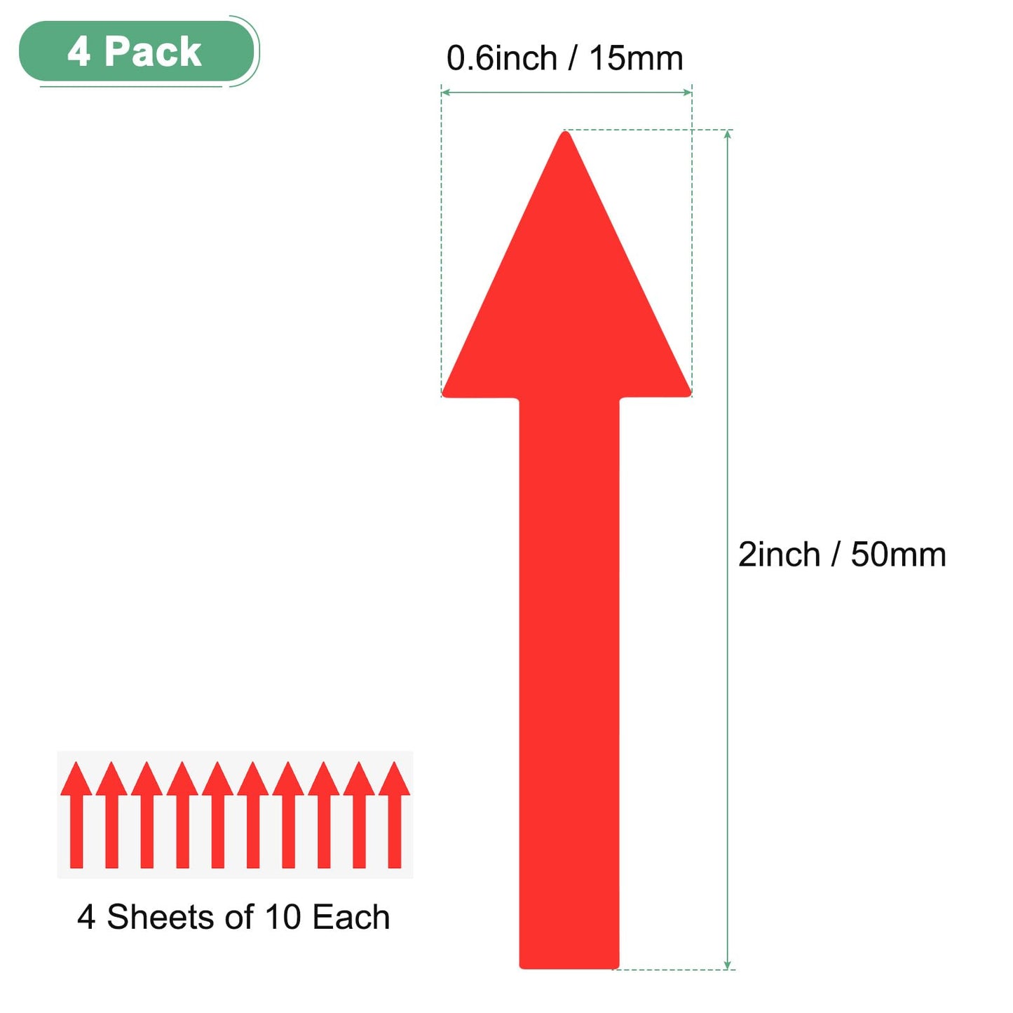 M METERXITY 4-Pack Arrow Sticker, 2 x 1 Inch/ 50 x 15 mm PVC Waterproof Self-Adhesive Directional Arrows Removable Directional Floor Decal Stickers for Wall Marking/Road Sign [Red]