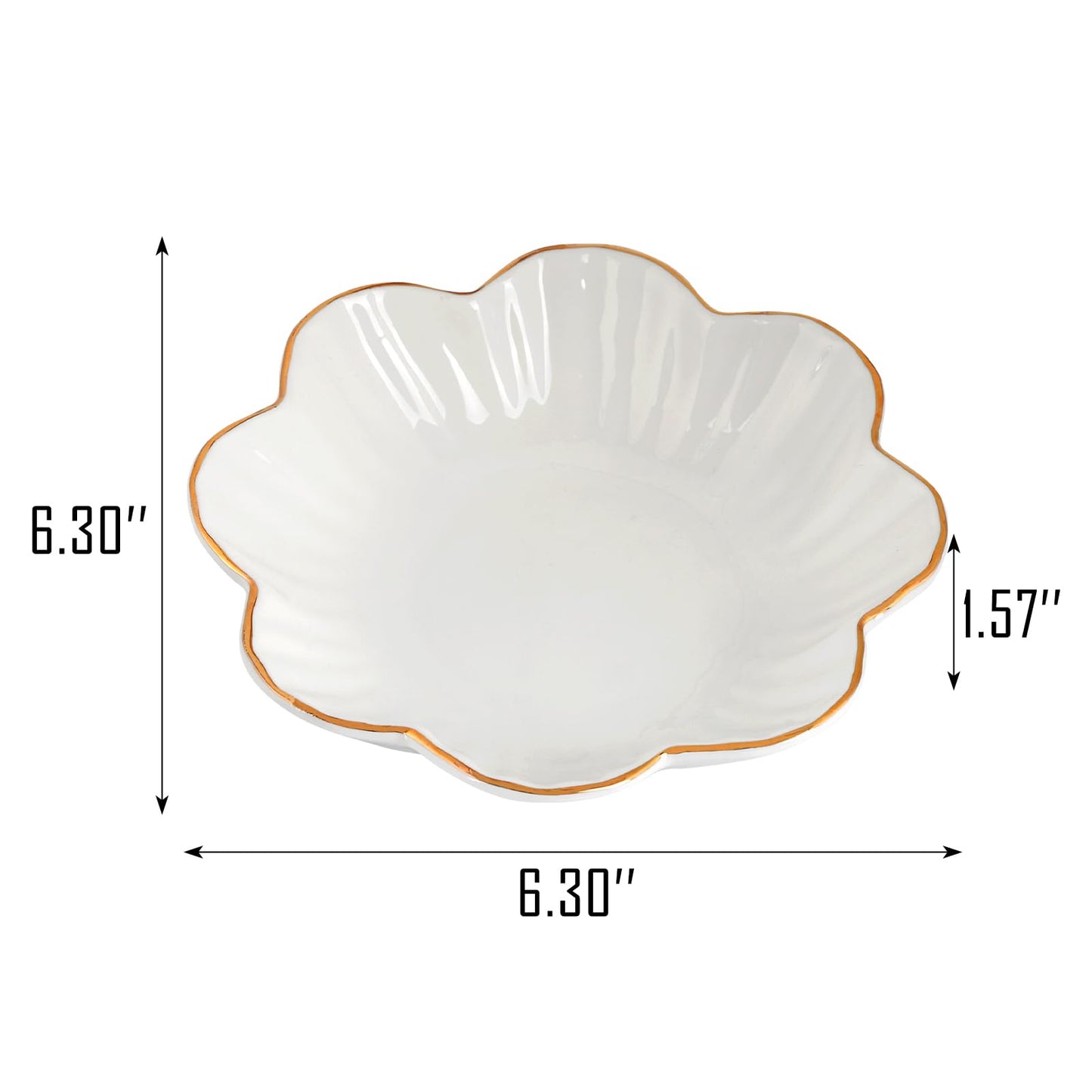 VanEnjoy 2 Pcs 6 Inch Ceramic Candy Dish - White Decorative Bowl With Golden Flower Rim for Office, Wedding, Party, Home - Porcelain Serving Bowl for Snacks, Fruit