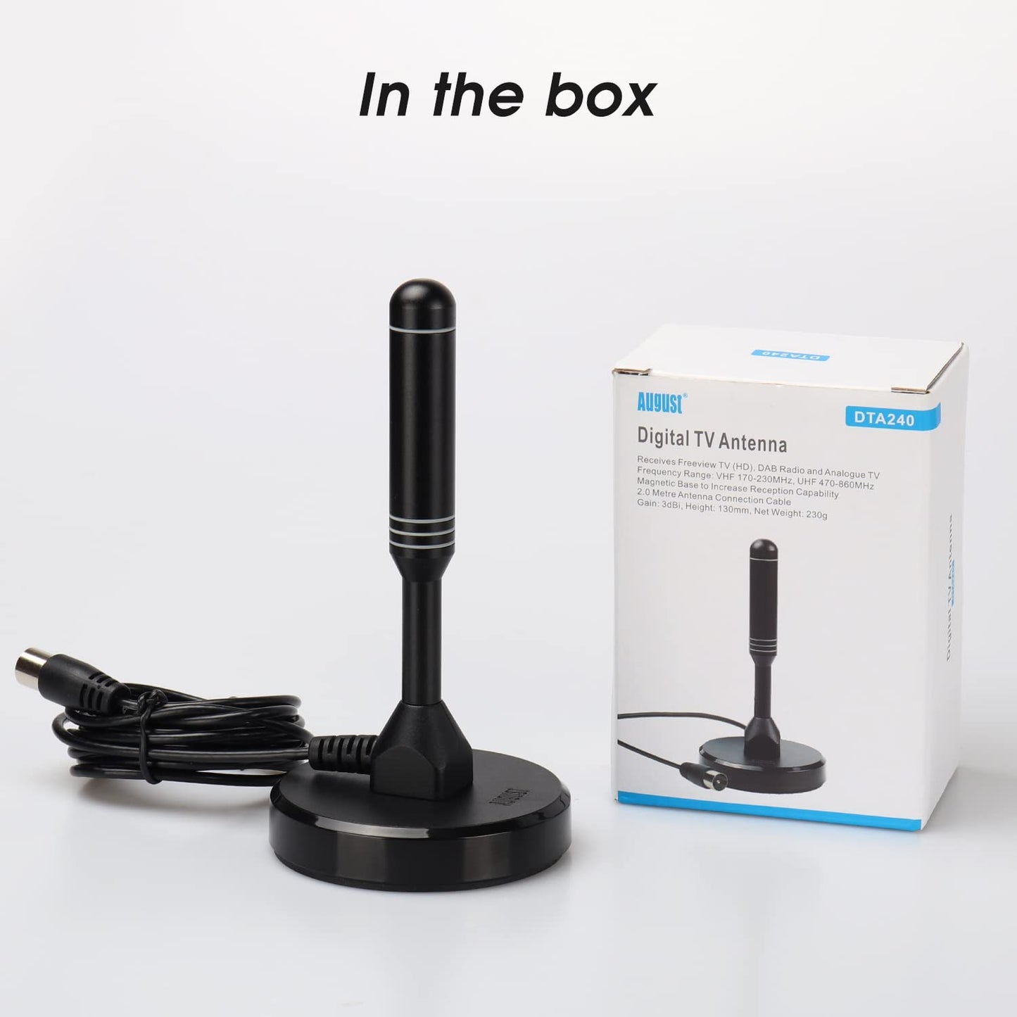 High Gain Freeview TV Aerial - August DTA240 - HD Portable Indoor/Outdoor Digital HD Antenna for USB TV Tuner/ DVB-T Television/ DAB Radio/ SD/ 4K - With Magnetic Base