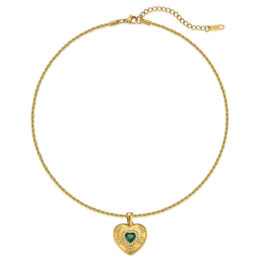 NUZON Emerald CZ Heart Pendant Necklace 18K Gold Plated Stainless Steel Love Heart Necklace Fashion Jewelry for Women Twisted Chain 16''