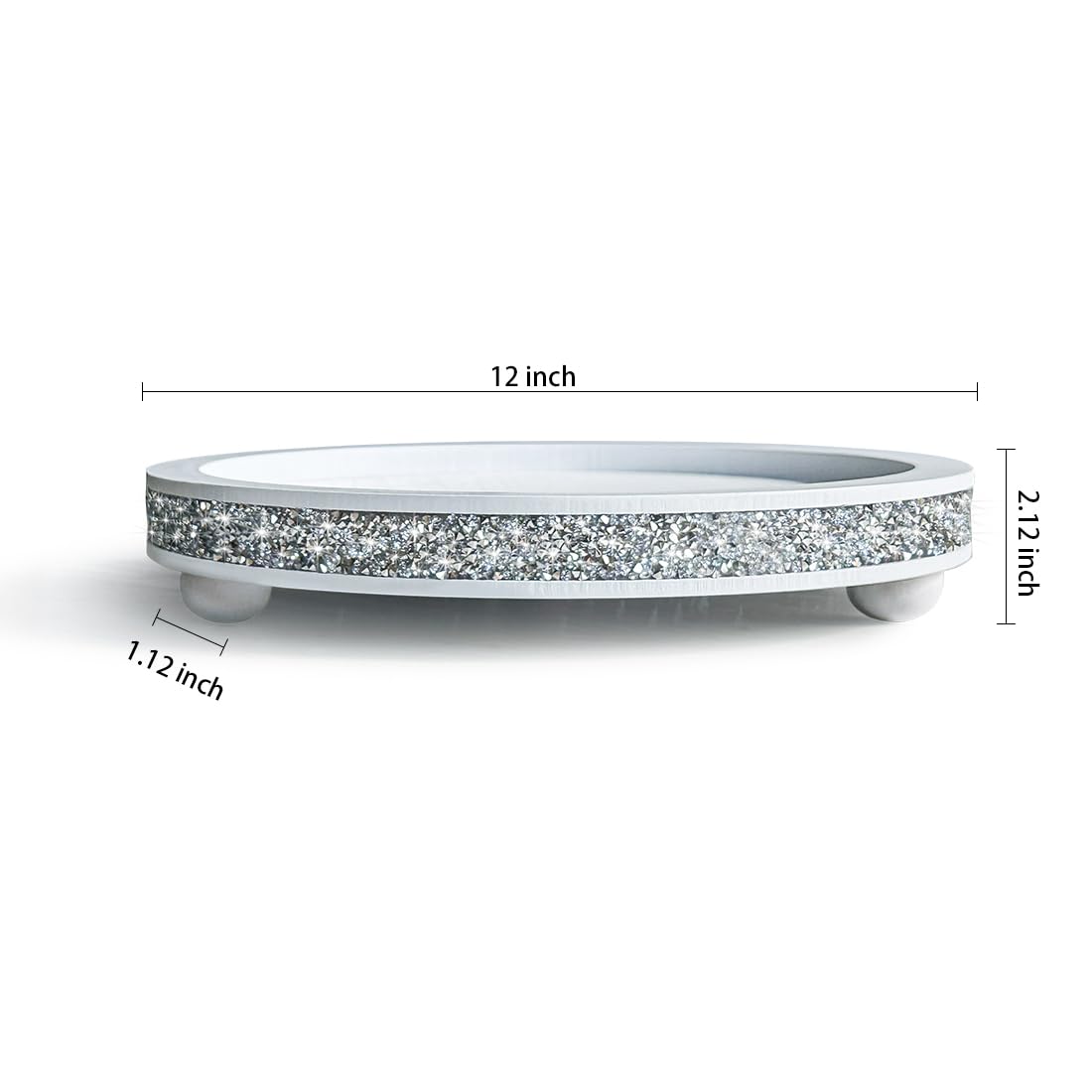 12 inch Round Wood Tray, Acrylic Diamond Decoration, Decorative Tray for Living Room, Coffee Table or Kitchen Table Service Tray, White