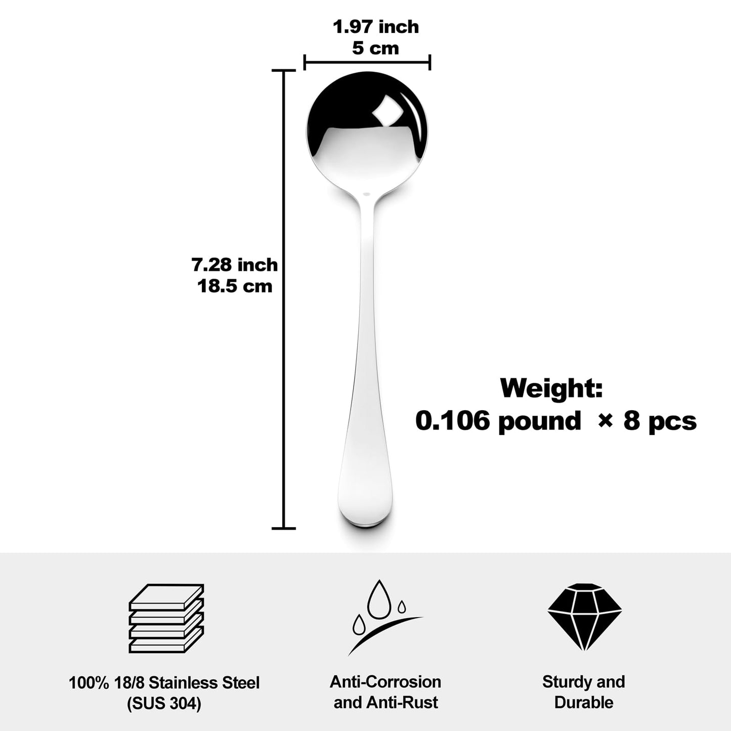 ATHBEDA Premium 7.28" Soup Spoons Stainless Steel Round Spoons Set, 18/8 stainless steel (SUS304), Perfect for Soup, Ice Cream, Cereal, Gumbo, Chowder, Set of 8, Dishwasher Safe