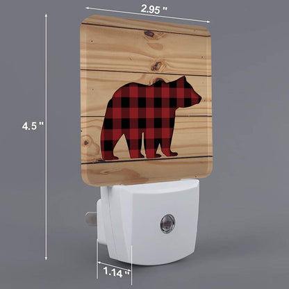 Plug-in LED Night Lights Lamp Buffalo Check Plaid Bear Wood Rustic Printed Auto Dusk-to-Dawn Sensor for Bedroom, Bathroom, Kitchen, Nursery,Hallway,Stairs,Wall Home Decor, Red Black