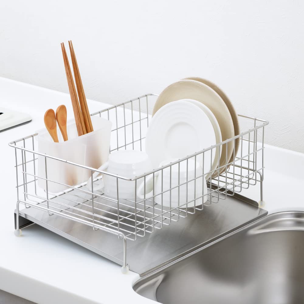 Yoshikawa 1305134 Dish Drainer Rack, Drainer, Made in Japan, Stainless Steel Strainer with Water Flowing, Silver, 10.6 x 14.2 x 6.1 inches (27 x 36 x 15.5 cm), Dish Drainer, Kitchen, Sink Tray,