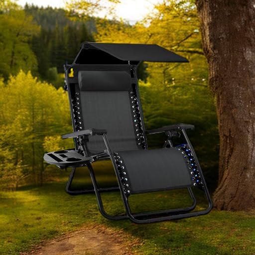 Best Choice Products Folding Zero Gravity Outdoor Recliner Patio Lounge Chair w/Adjustable Canopy Shade, Headrest, Side Accessory Tray, Textilene Mesh - Black