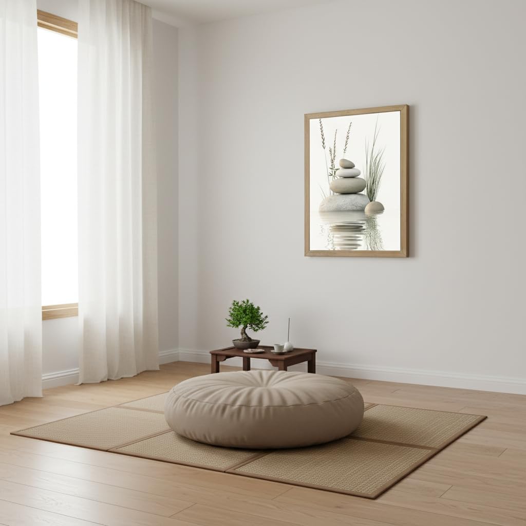 Wooden Frame Zen Stone Canvas Wall Art, Stacked Stones in Water Poster Print. Tranquil Wild Grass Picture for Spa Yoga Meditation Room Bathroom Wall Decor 12x16in Ready to Hang