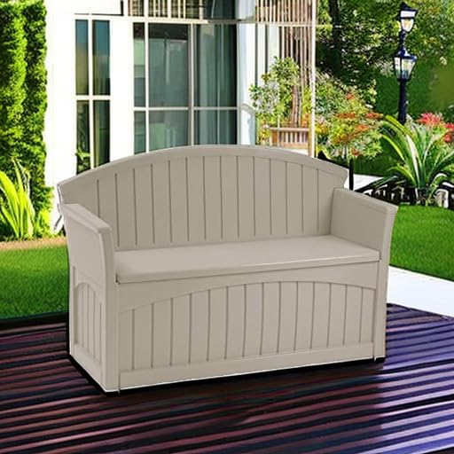 Suncast 50 Gallon Patio Bench with Storage - Decorative Resin Outdoor Patio Bench for Deck, Patio, Garden, Backyard - Ideal for Storing Toys, Cushions, Tools - Taupe ()