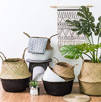 Seagrass Belly Basket Woven Plant Pot with Handles Natural Foldable for Storage Laundry Blankets Toys (Natural + Black)