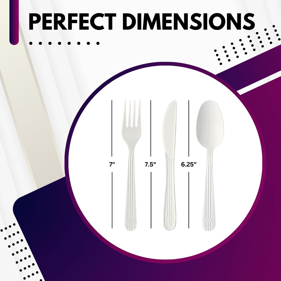 Green Direct Heavy Duty Wrapped Plastic Cutlery Set with Napkin, Fork, Spoon, Knife, Salt, Pepper, White 50 Pack Plastic Cutlery Meal Kit for On-the-Go Meals, Picnics, and Events